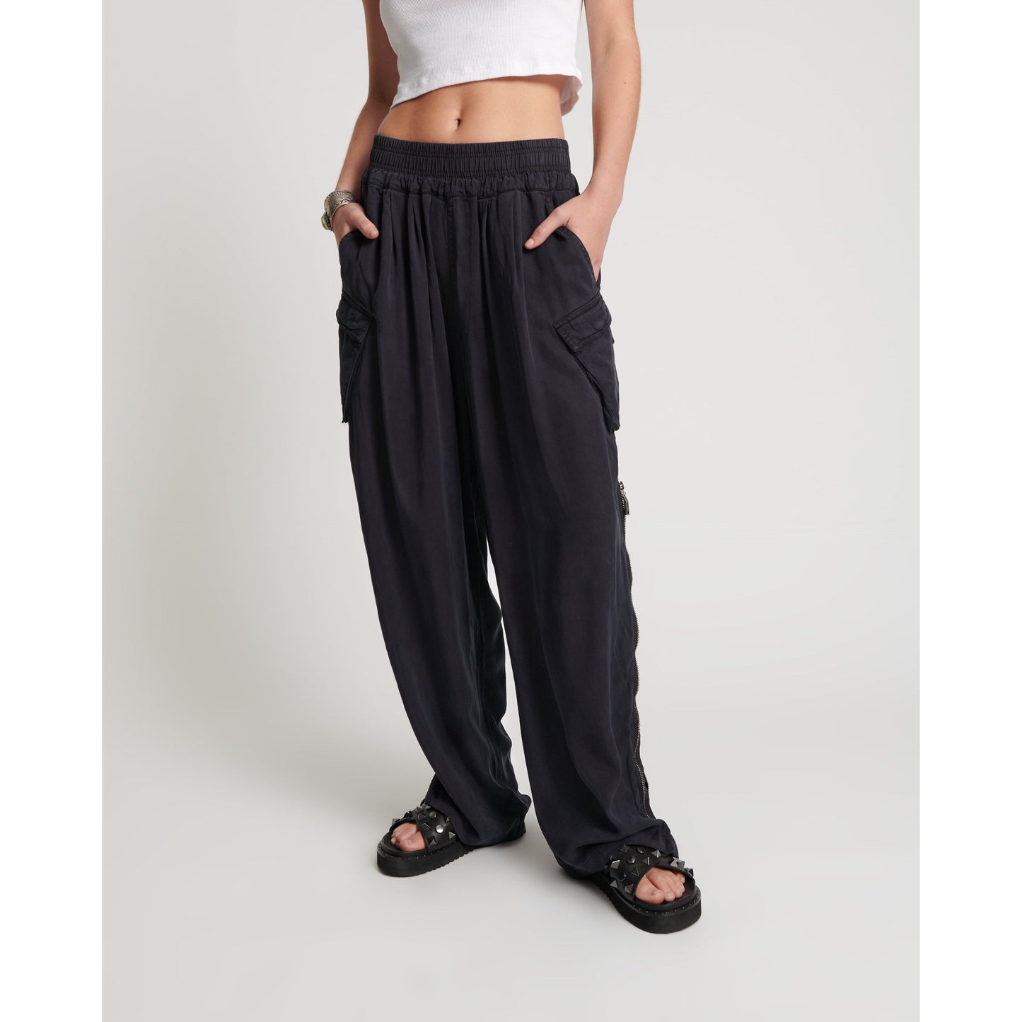 Charcoal Tencel Zipped Parachute Pants