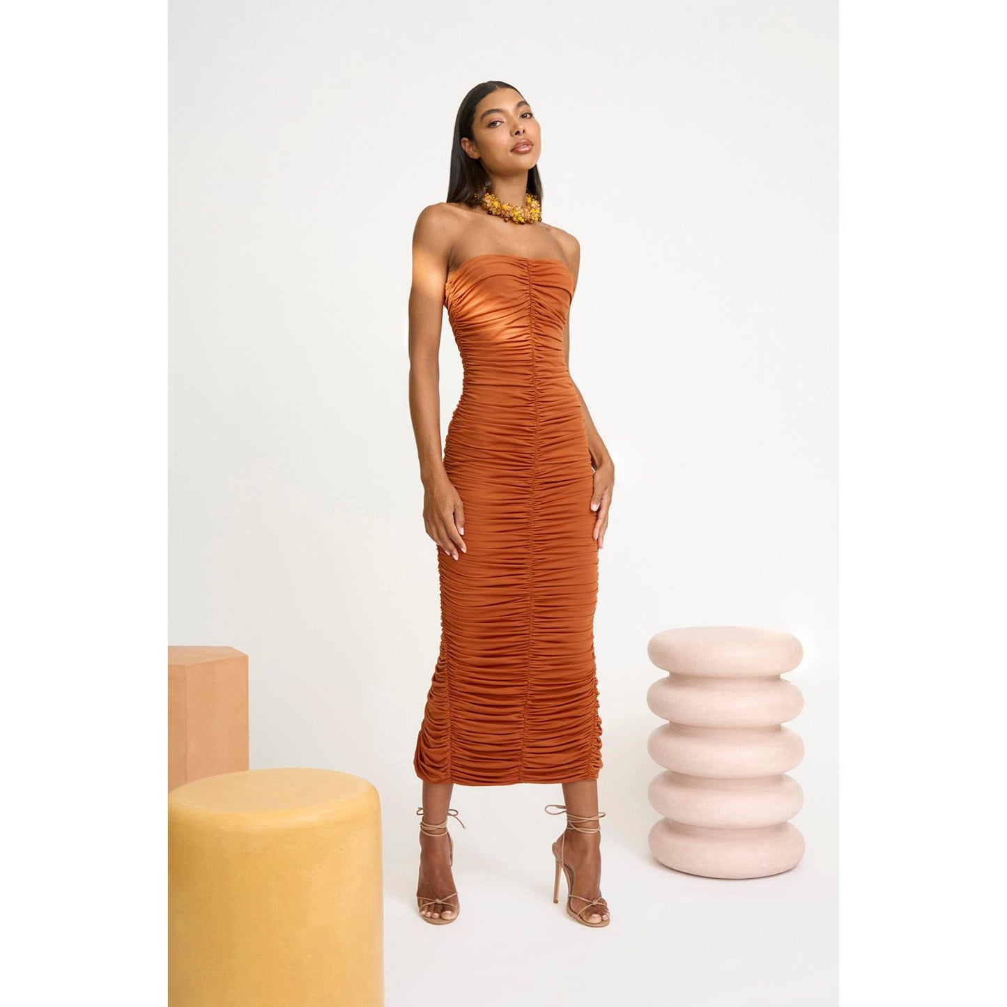 Gloria Gathered Strapless Midi Dress