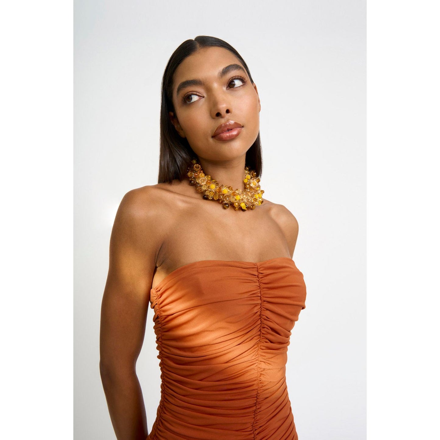 Gloria Gathered Strapless Midi Dress