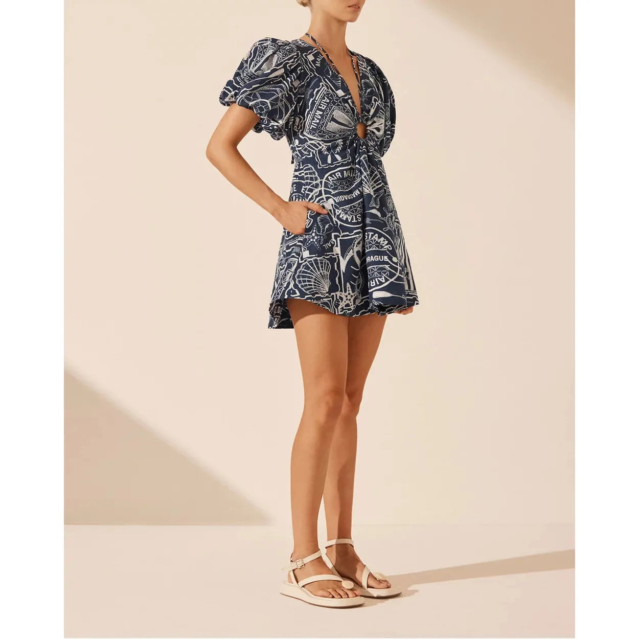 Amelie Linen Ruched Keyhole Mini dress