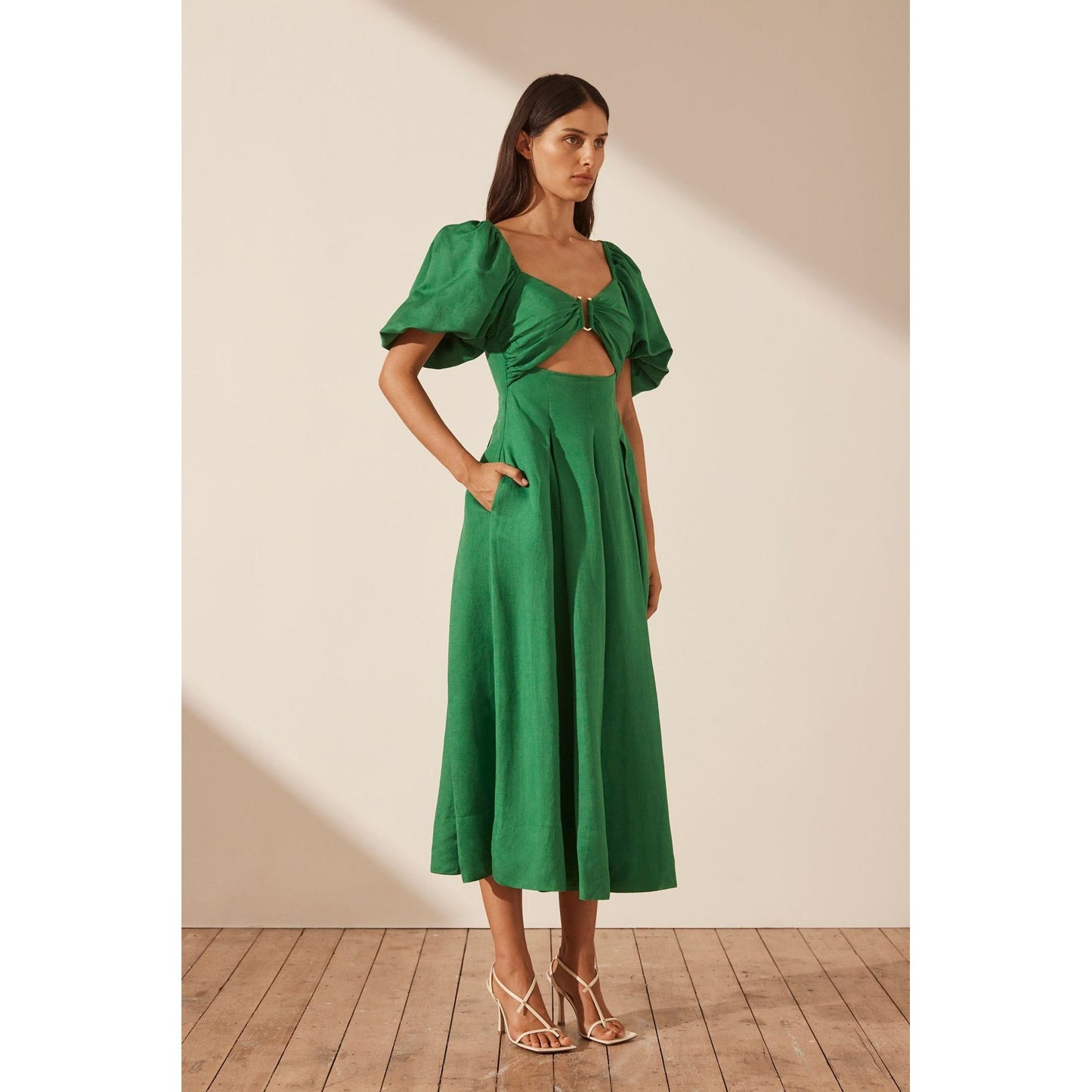 Mare Linen Short Sleeve Cut Out Midi dress - Tree Green